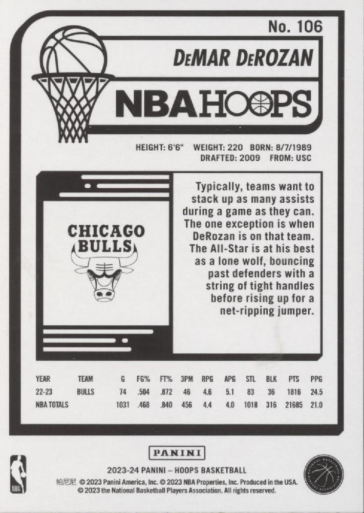2023 Panini Hoops DeMar DeRozan #106 Chicago Bulls