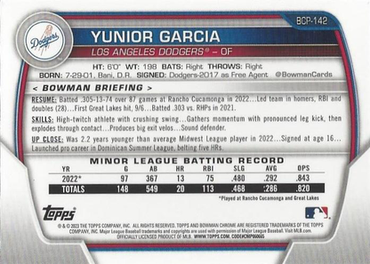 2023 Bowman Chrome Prospects Yunior Garcia 1st Los Angeles Dodgers #BCP-142