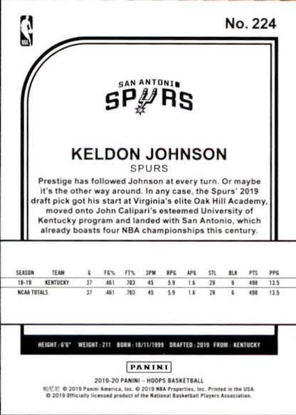 2019 Panini Hoops Keldon Johnson RC #224 San Antonio Spurs