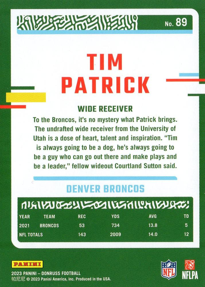 2023 Panini Donruss Tim Patrick #89 Denver Broncos