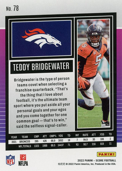 2022 Panini Score Teddy Bridgewater Denver Broncos #78