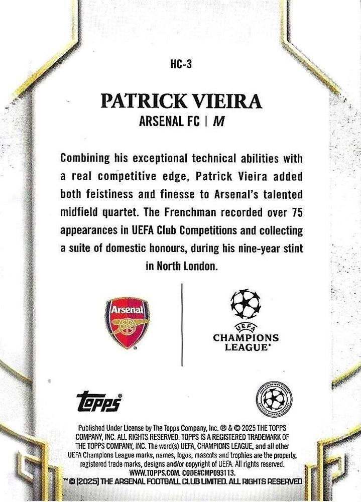 2024 Topps UCC Patrick Vieira Historic Captains HC-3 Arsenal FC