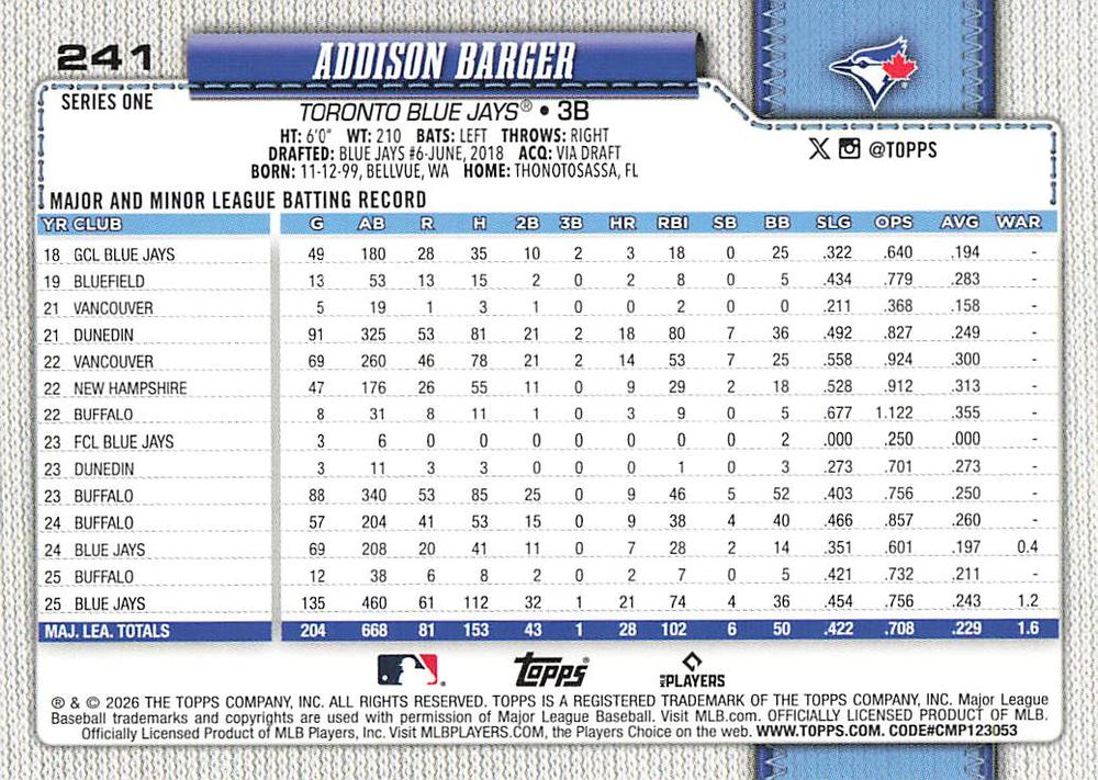 2026 Topps Series 1 Addison Barger #241 Toronto Blue Jays