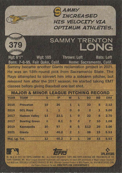2022 Topps Heritage Sammy Long RC San Francisco Giants #379