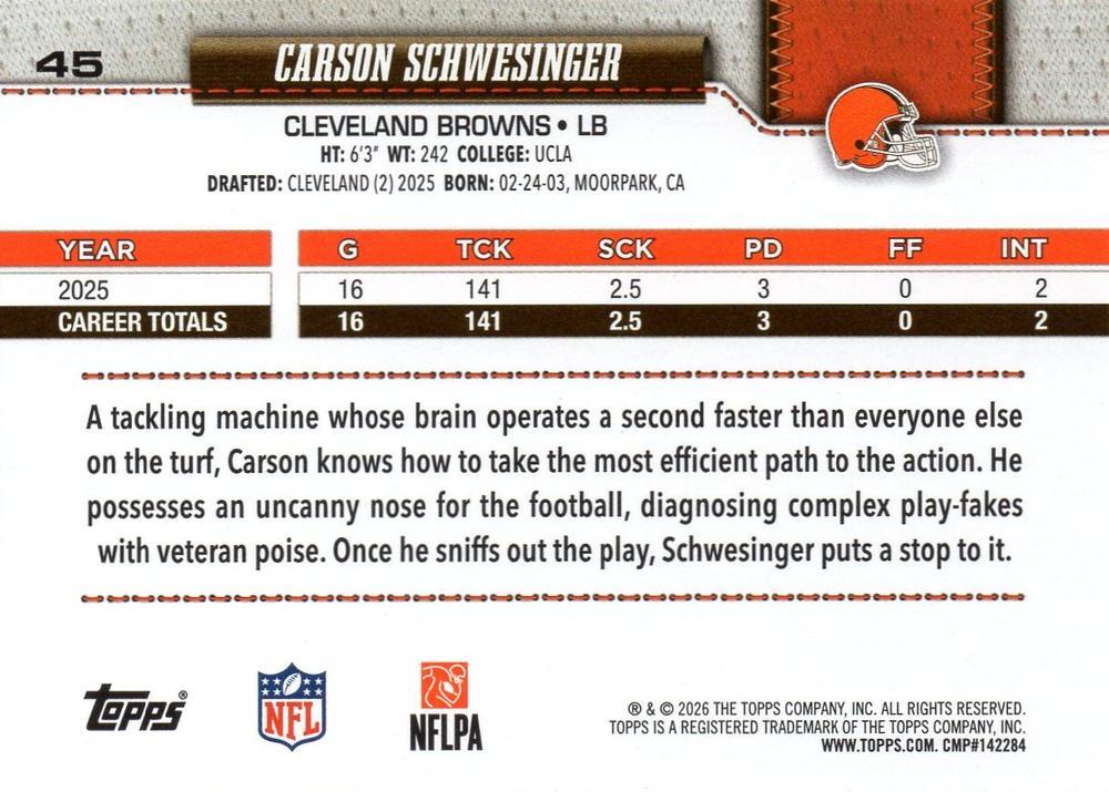 2026 Topps Flagship Carson Schwesinger #45 Cleveland Browns