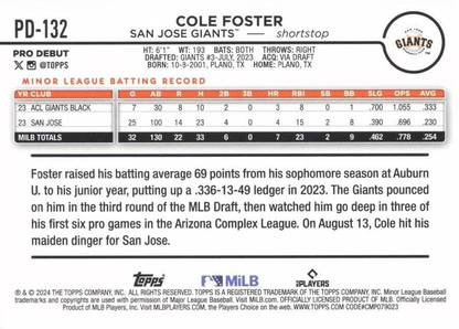 2024 Topps Pro Debut Cole Foster #PD-132 San Jose Giants