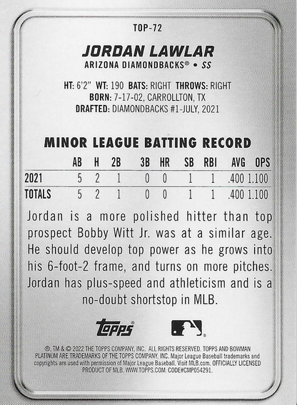 2022 Topps Bowman Platinum Top Prospects Jordan Lawlar Arizona Diamondbacks #TOP-72