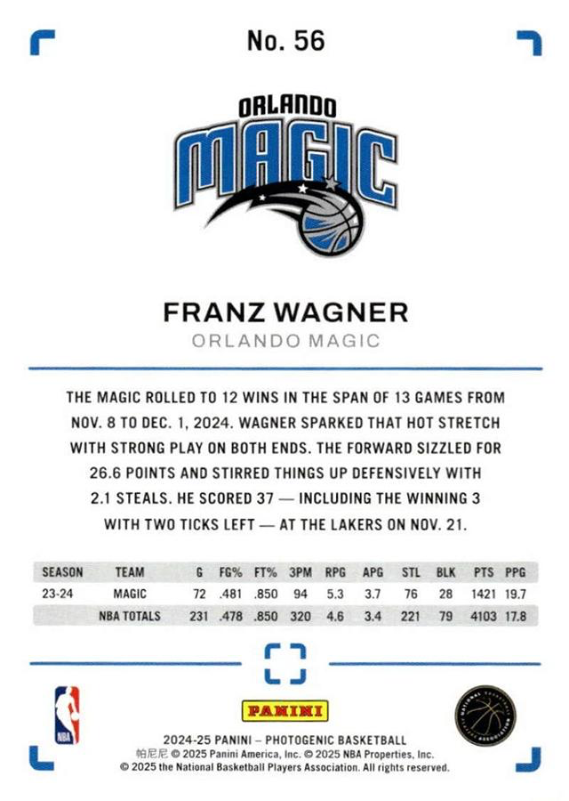 2024 Panini Photogenic Franz Wagner #56 Orlando Magic