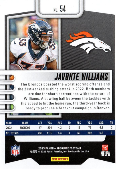 2023 Panini Absolute Javonte Williams #54 Denver Broncos