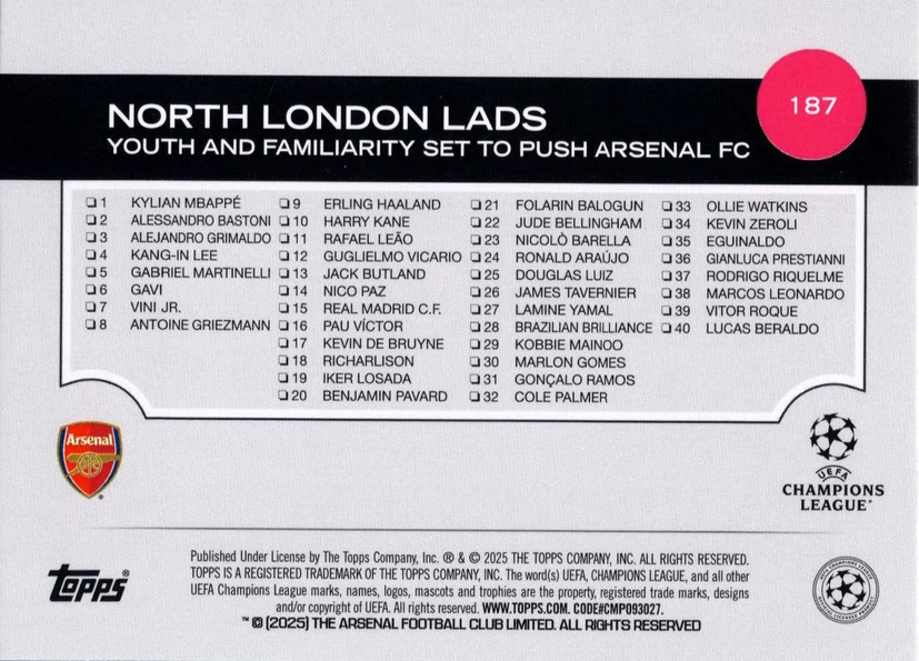 2024 Topps UCC North London Lads CC CL Rain Drops Foil #187 Arsenal FC