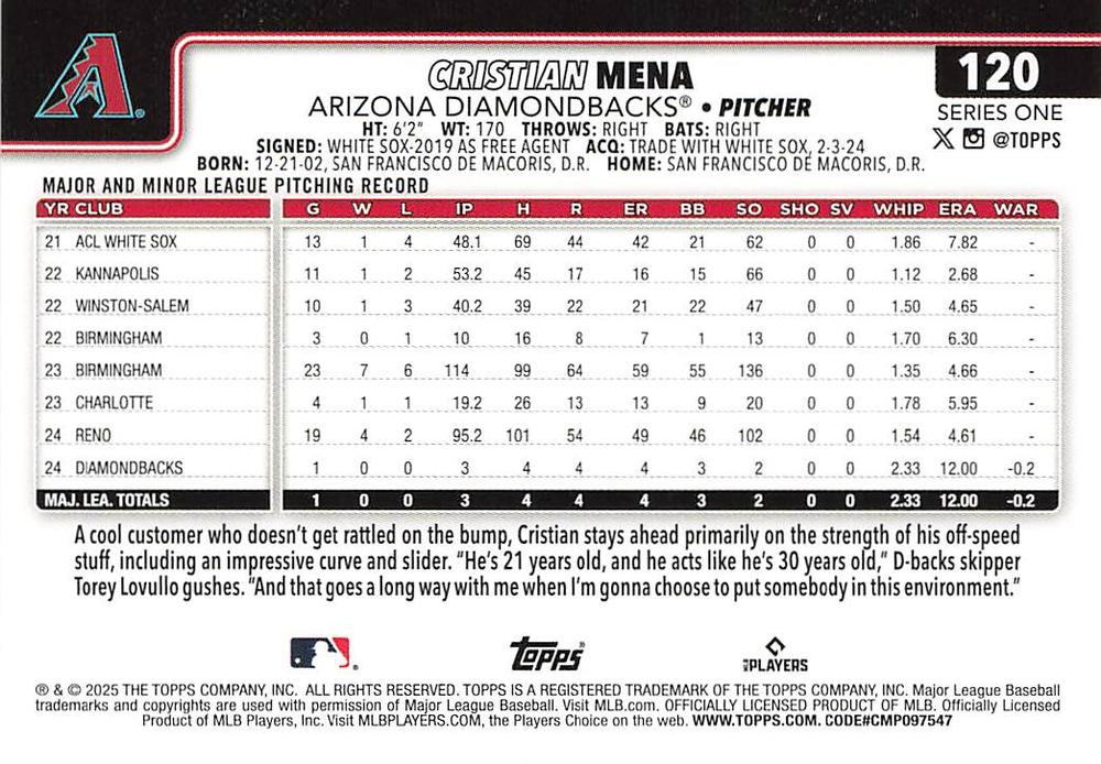 2025 Topps Series 1 Cristian Mena RC Arizona Diamondbacks #120