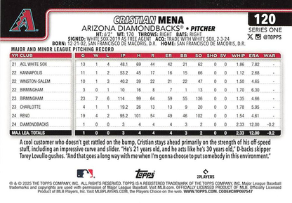 2025 Topps Series 1 Cristian Mena RC Arizona Diamondbacks #120