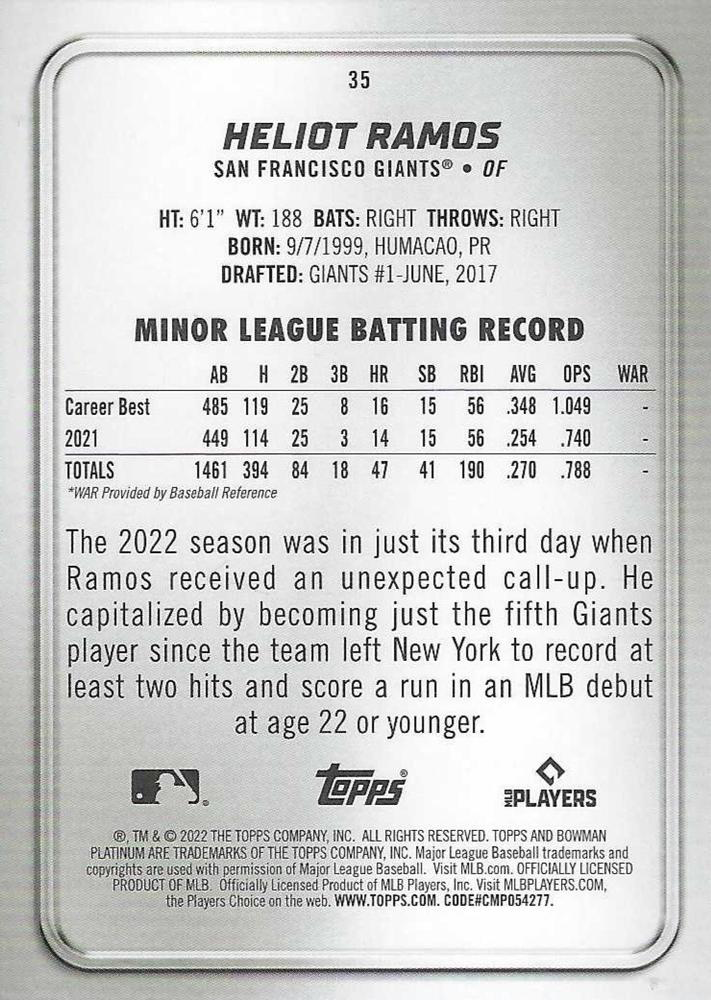 2022 Topps Bowman Platinum Heliot Ramos RC San Francisco Giants #35
