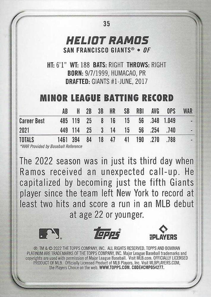 2022 Topps Bowman Platinum Heliot Ramos RC San Francisco Giants #35