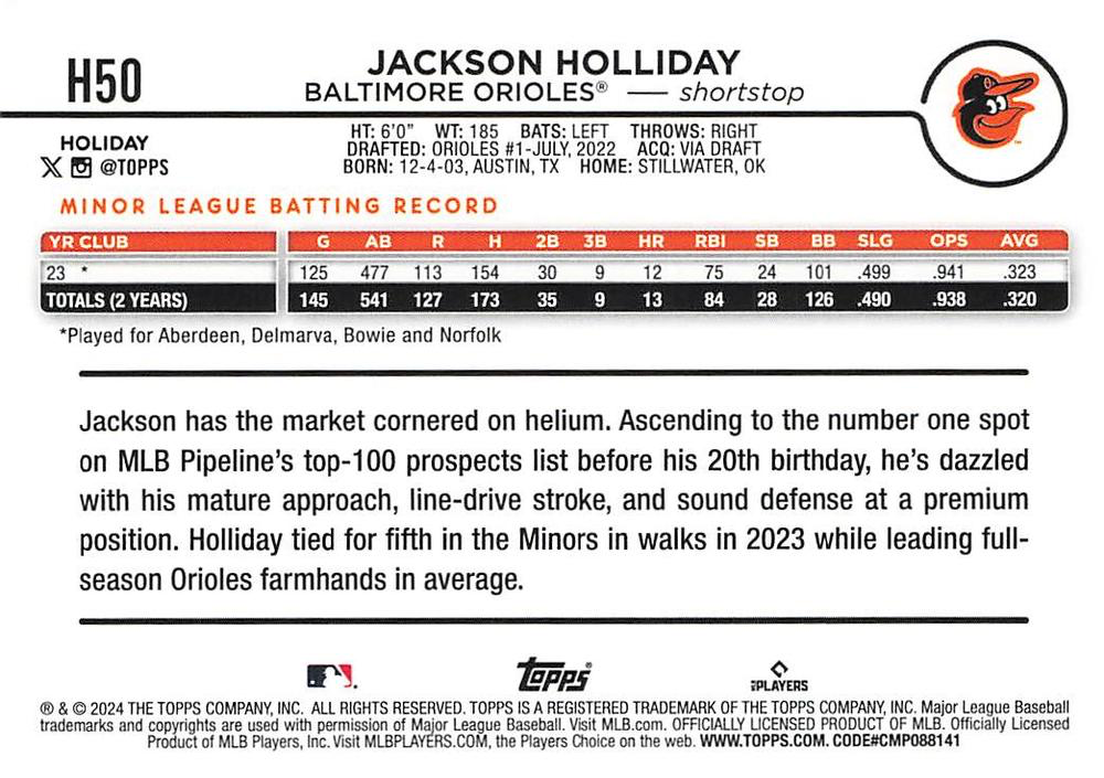 2024 Topps Holiday Jackson Holliday RC Baltimore Orioles #H50