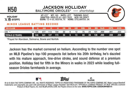 2024 Topps Holiday Jackson Holliday RC Baltimore Orioles #H50