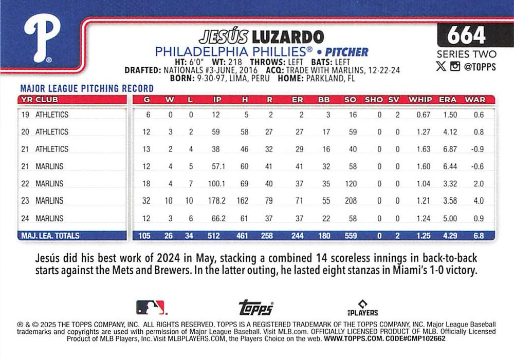 2025 Topps Series 2 Jesús Luzardo Philadelphia Phillies #664