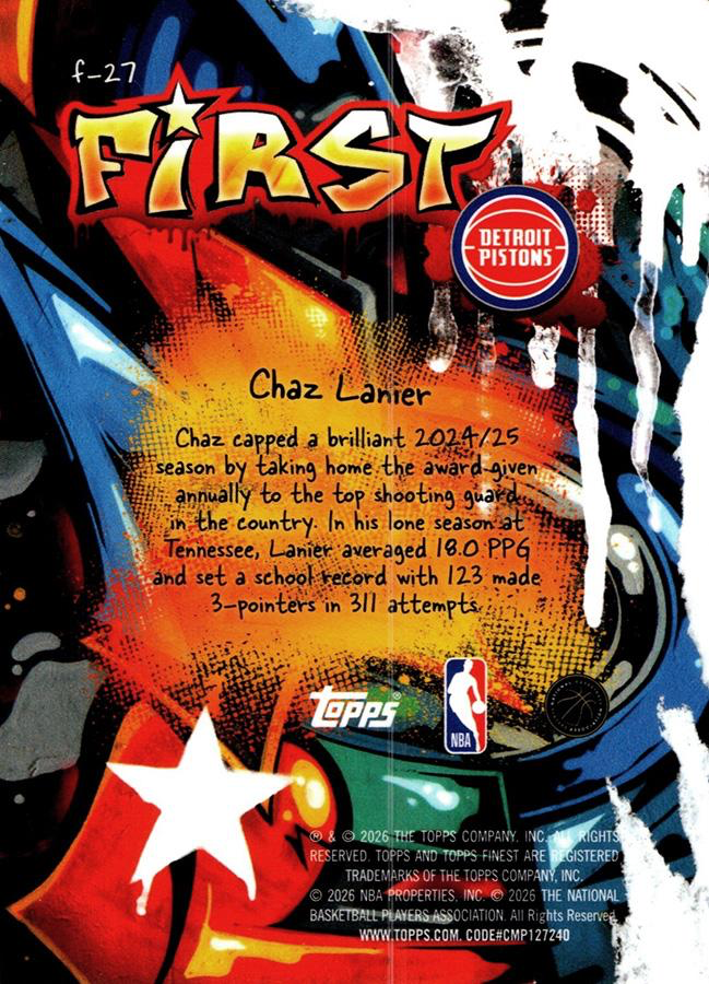 2025 Topps Finest NBA Chaz Lanier RC #F-27 Detroit Pistons