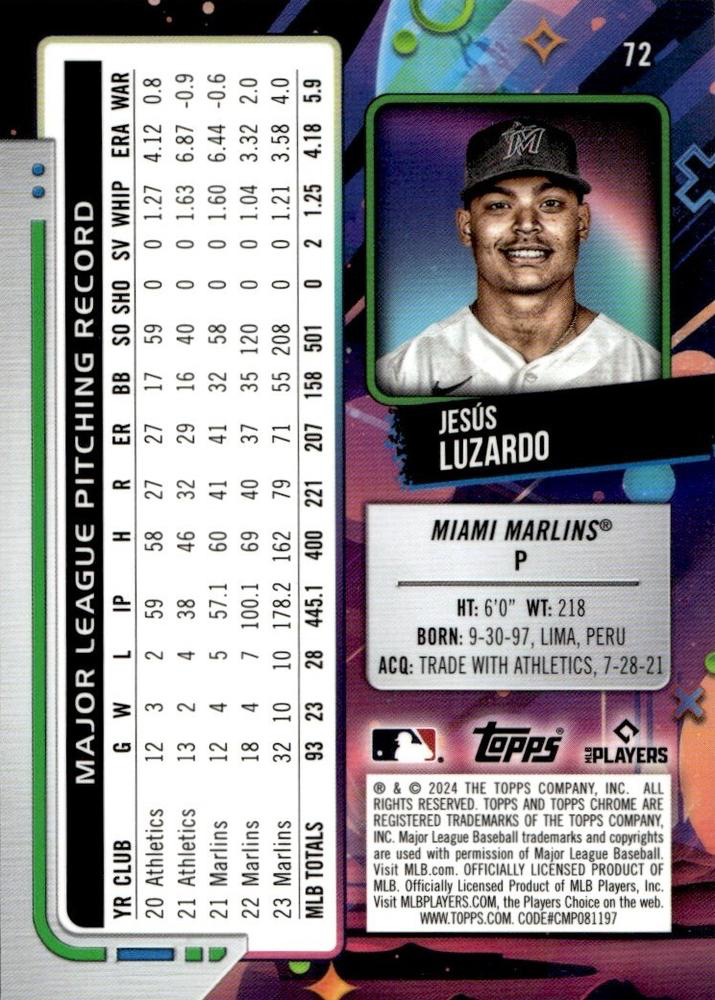 2024 Topps Chrome Cosmic Jesús Luzardo #72 Miami Marlins