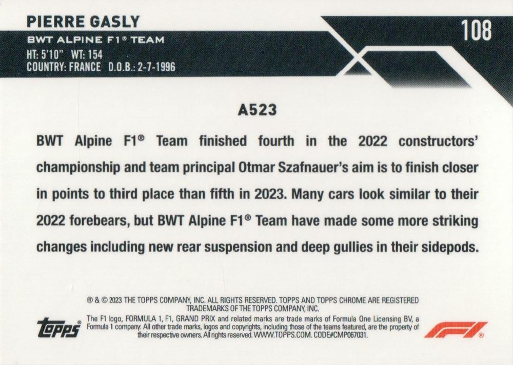 2023 Topps Chrome Formula 1 Pierre Gasly #108 BWT Alpine F1 Team