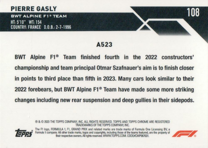 2023 Topps Chrome Formula 1 Pierre Gasly #108 BWT Alpine F1 Team