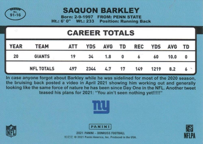 2021 Panini Donruss Retro 1991 #91-16 Saquon Barkley New York Giants