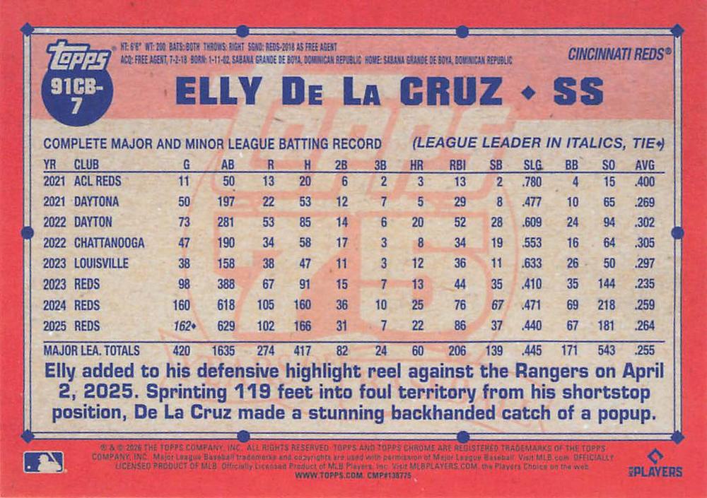 2026 Topps Chrome 1991 35th Elly De La Cruz #91CB-7 Cincinnati Reds