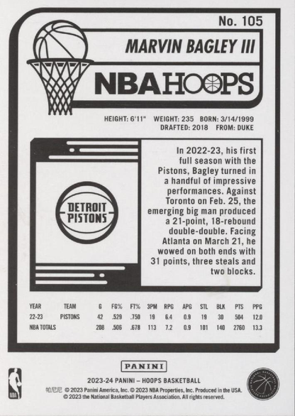 2023 Panini Hoops Marvin Bagley III #105 Detroit Pistons