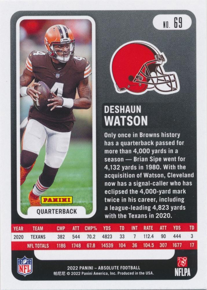 2022 Panini Absolute Deshaun Watson #69 Cleveland Browns