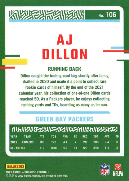 2023 Panini Donruss AJ Dillon #106 Green Bay Packers