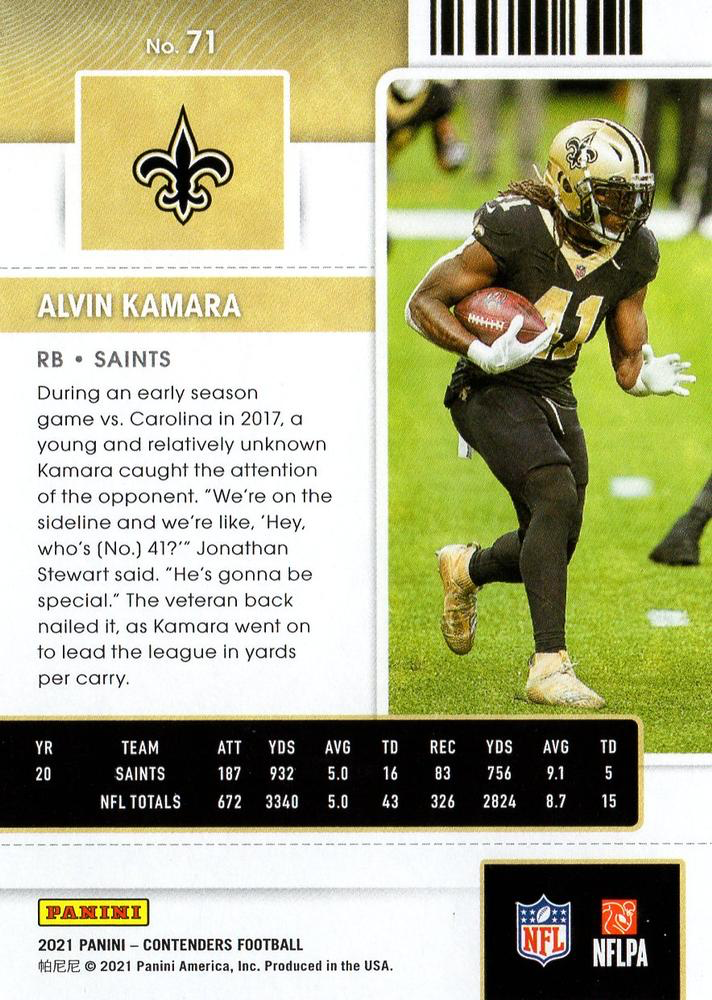 2021 Panini Contenders Alvin Kamara New Orleans Saints #71