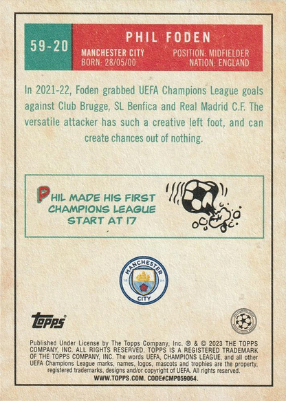 2022 Topps UCC 1959 Phil Foden #59-20 Manchester City