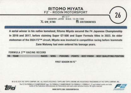 2024 Topps Chrome Formula 1 Ritomo Miyata F2D #26 Rodin Motorsport