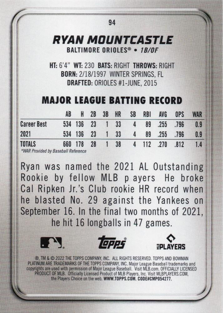 2022 Topps Bowman Platinum Ryan Mountcastle Baltimore Orioles #94