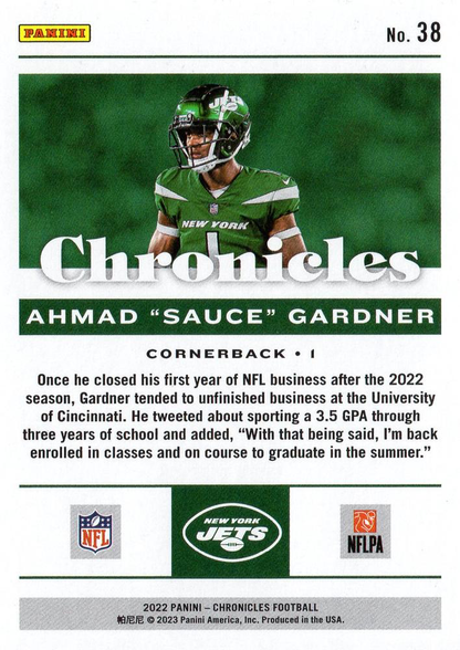 2022 Panini Chronicles Ahmad 'Sauce' Gardner RC #38 New York Jets