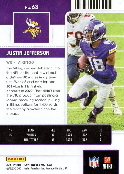 2021 Panini Contenders Justin Jefferson Minnesota Vikings #63