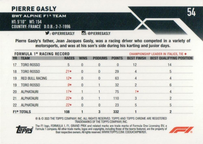 2023 Topps Chrome Formula 1 Pierre Gasly #54 BWT Alpine F1 Team