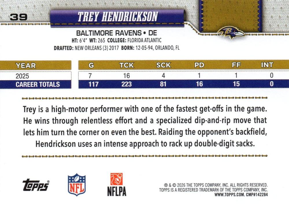 2026 Topps Flagship Trey Hendrickson #39 Baltimore Ravens