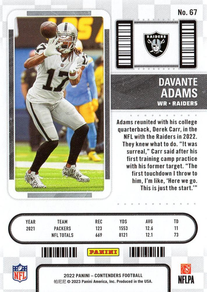 2022 Panini Contenders Davante Adams #67 Las Vegas Raiders