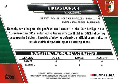 2021 Topps Chrome Bundesliga Niklas Dorsch RC #3 FC Augsburg