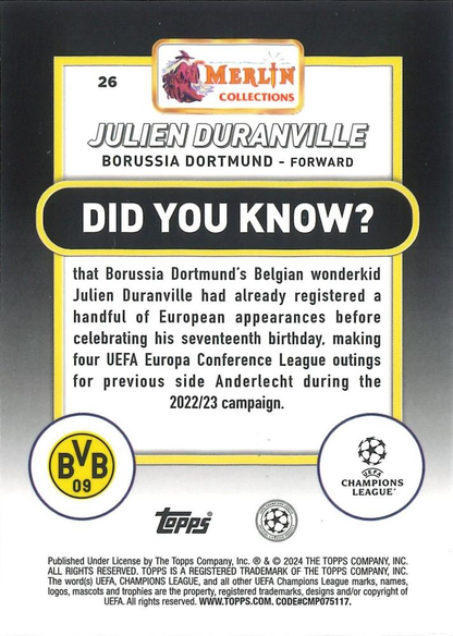 2023 Topps Merlin Chrome UCC Julien Duranville RC #26 Borussia Dortmund