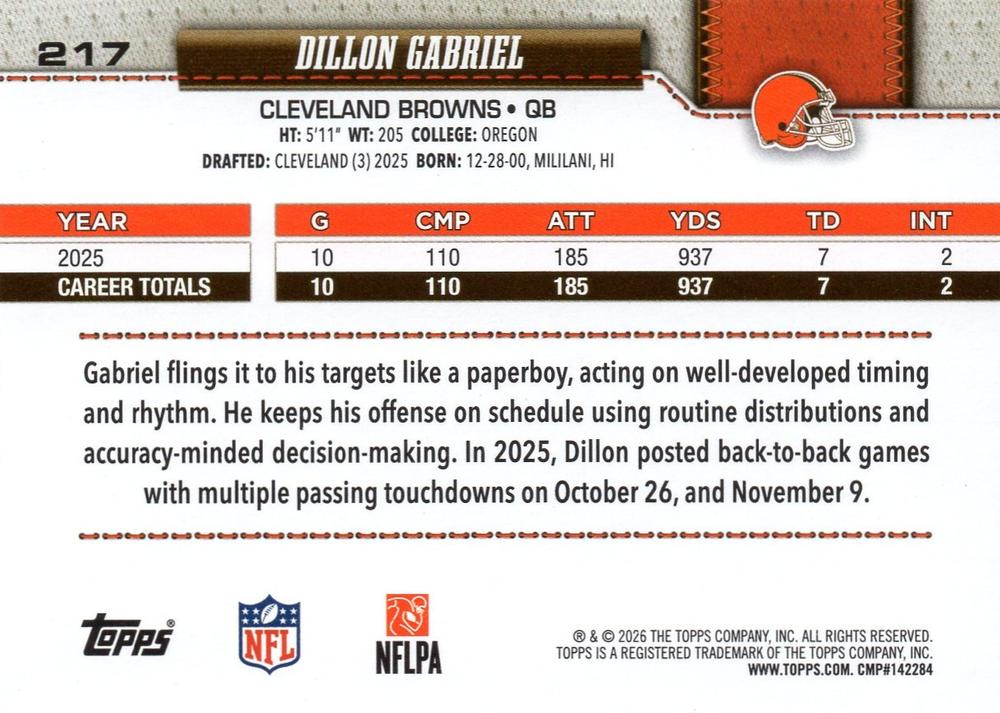 2026 Topps Flagship Dillon Gabriel #217 Cleveland Browns