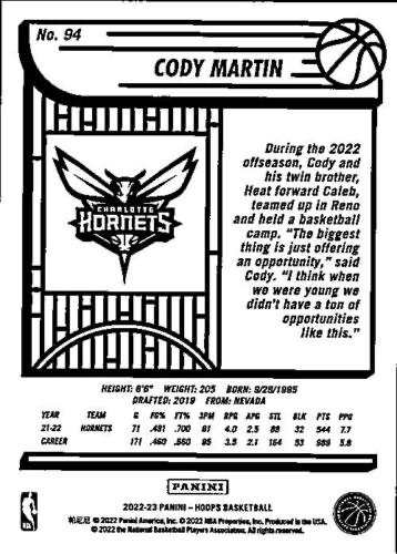 2022 Panini Hoops Cody Martin #94 Charlotte Hornets