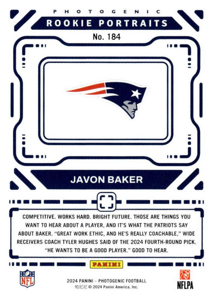 2024 Panini Photogenic Portrait RC Javon Baker #184 New England Patriots