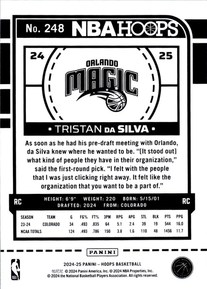 2024 Panini Hoops Tristan da Silva RC #248 Orlando Magic