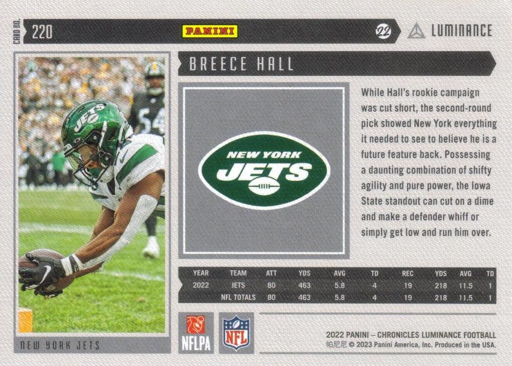 2022 Panini Chronicles Luminance Update Rookies Teal RC Breece Hall #220 New York Jets