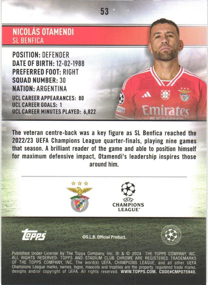 2023 Topps Stadium Club Chrome UCC Nicolás Otamendi #53 Benfica