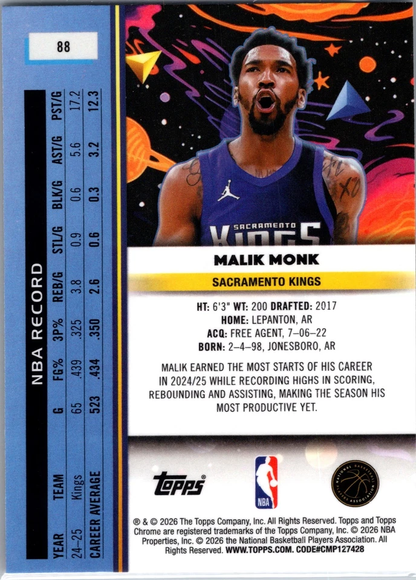 2025 Topps Chrome Cosmic Malik Monk #88 Sacramento Kings