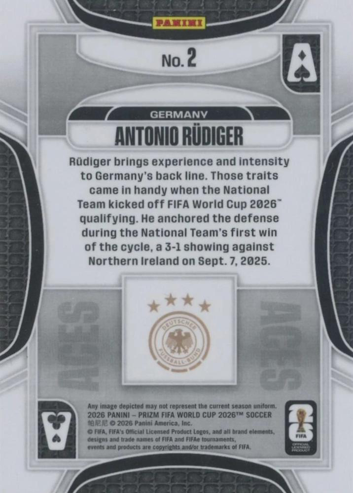 2026 Panini Prizm World Cup Aces Antonio Rudiger #2 Allemagne