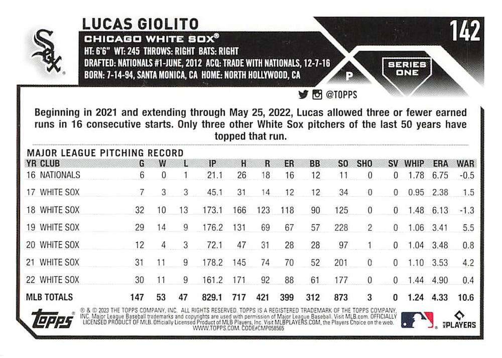 2023 Topps Series 1 Lucas Giolito Chicago White Sox #142